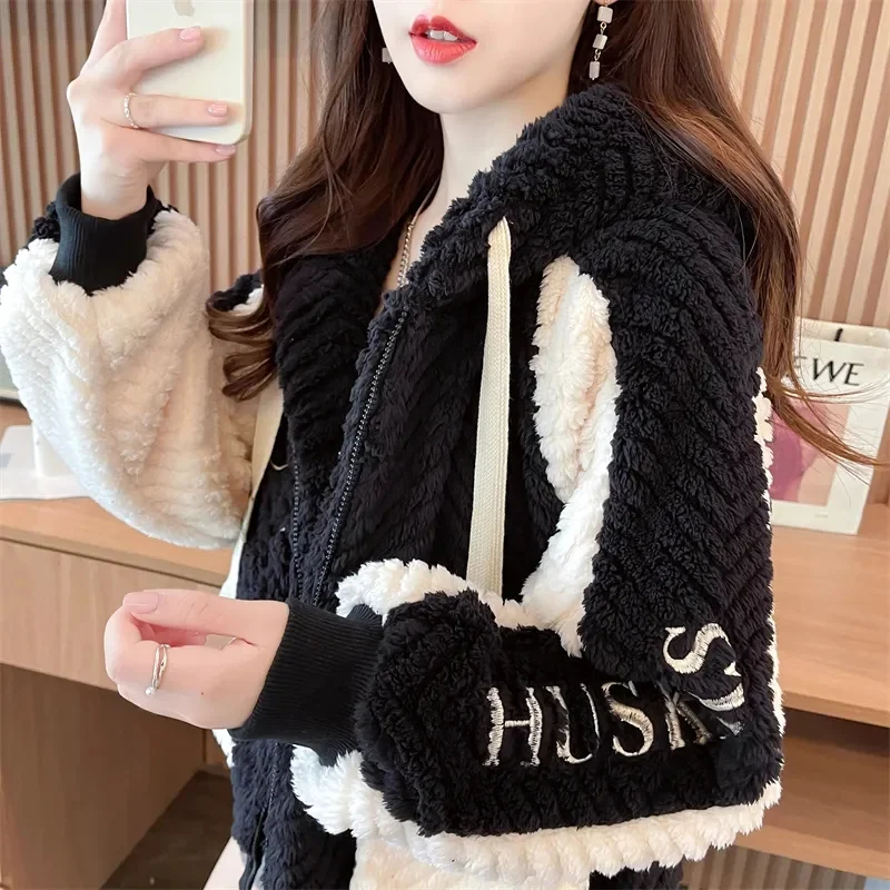 Hooded Hoodie for Women in Autumn Winter 2024 New Loose Stylish Contrasting Colors Plush Thickened Lamb Plush Small Jacket Trend