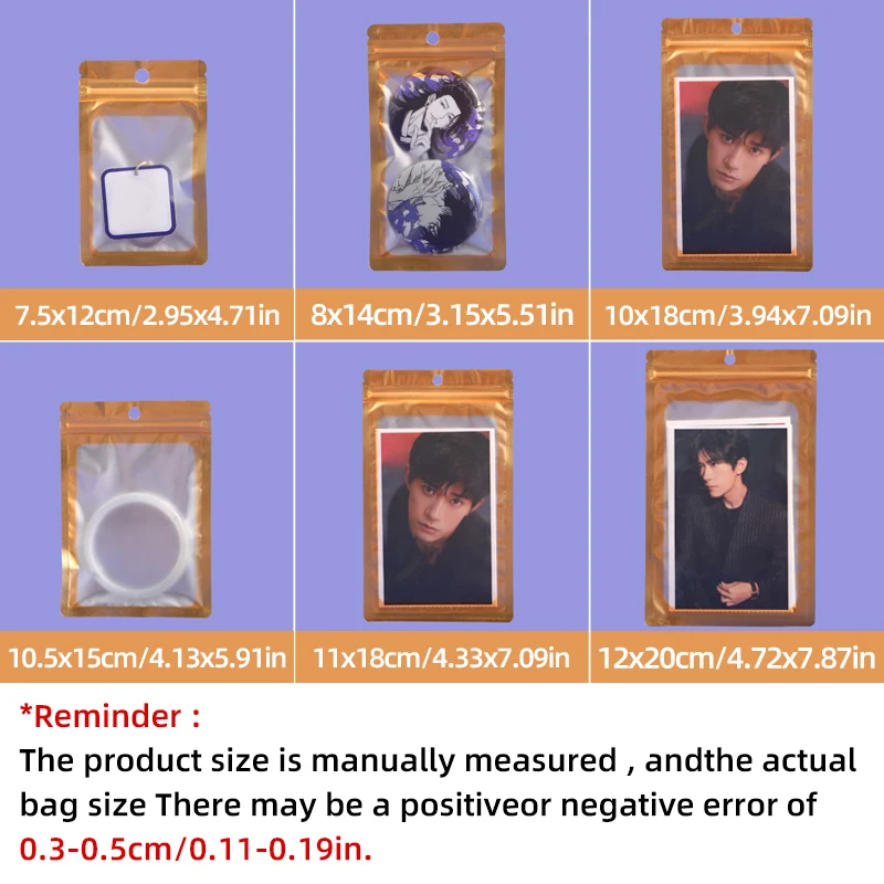 50PCS Gold Foil Zipper Pouches with Clear Window Multi-size Self Seal Packaging Bags For Kpop Photocard Anime Badge Storage