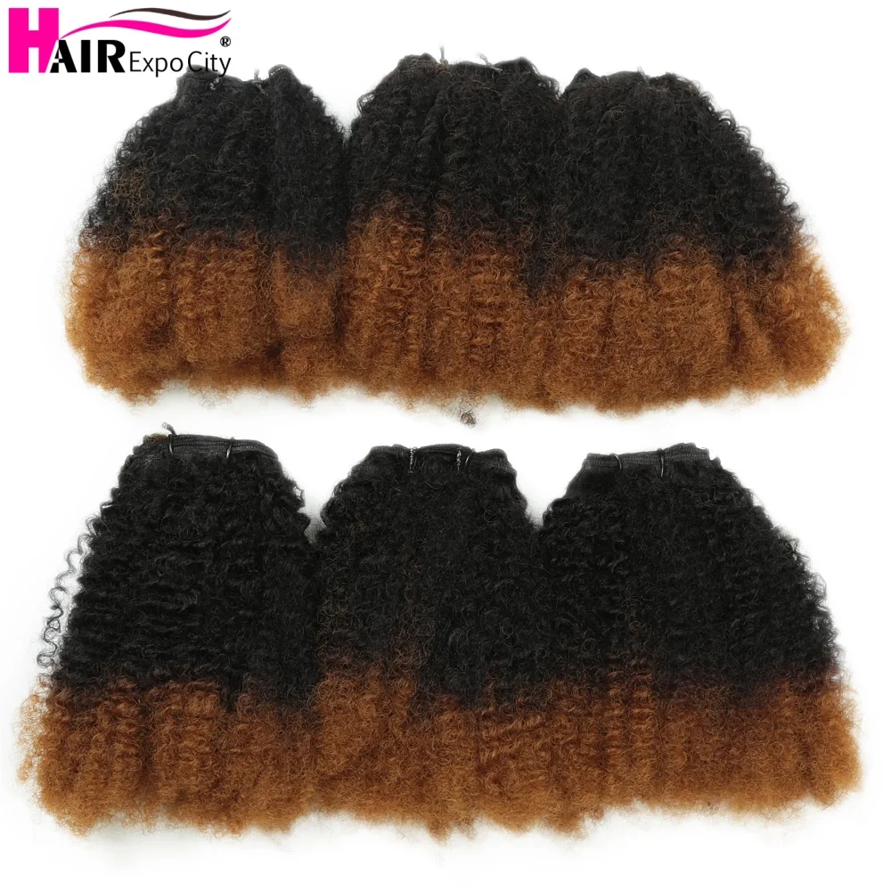 6Pcs Afro Kunky Curly Synthetic Weft Hair Sew In Ombre Brown Colored Bundles Protein Fiber Curly Hair Weave Extensions