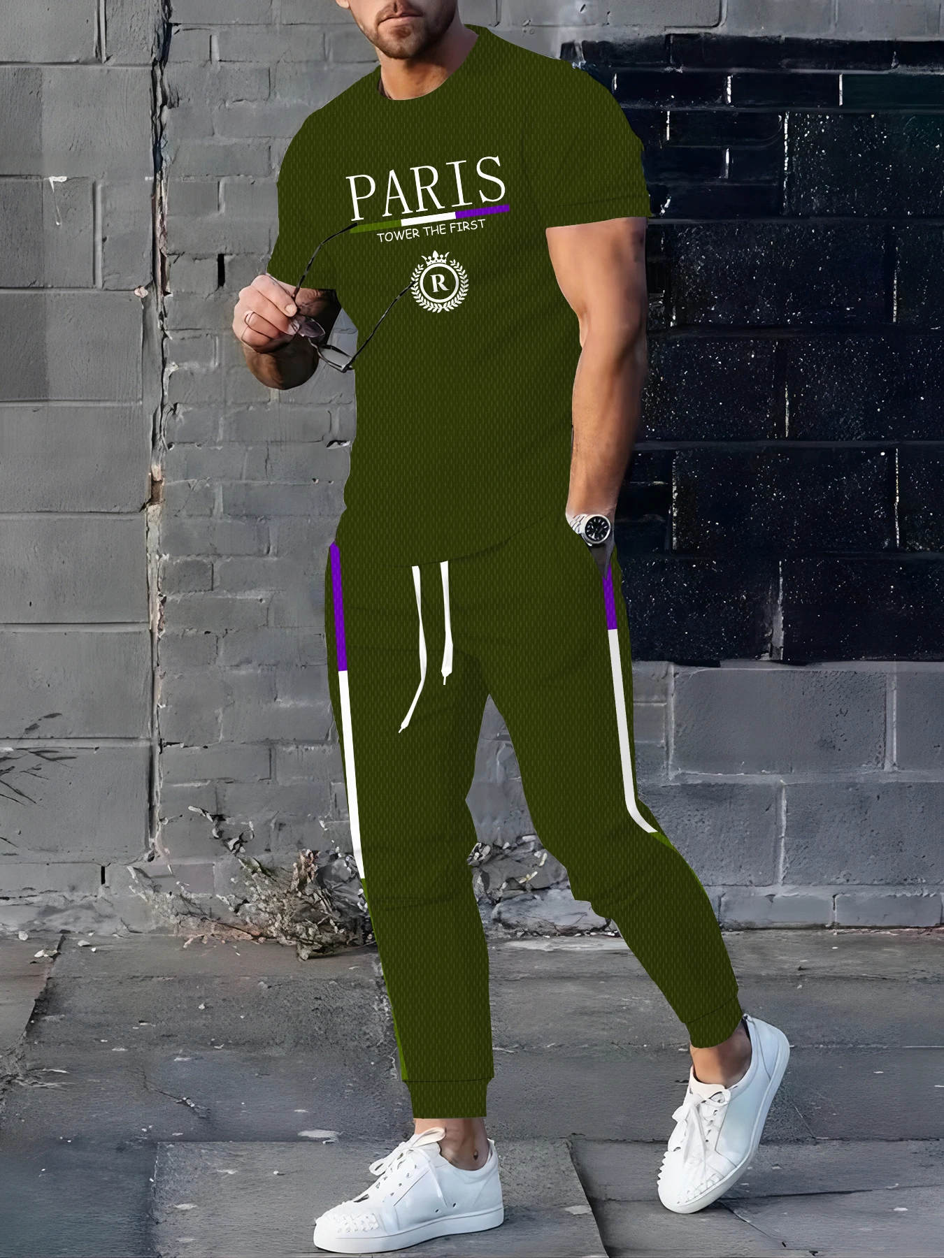 

Men's summer new striped letter print refreshing and breathable round neck T-shirt pants set outdoor casual clothing