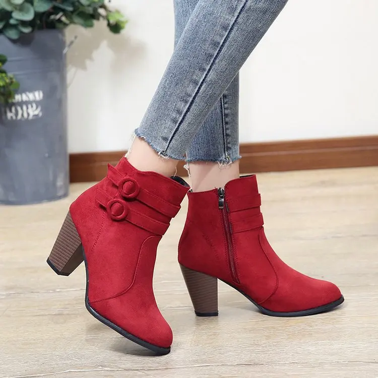 

Women's Red Suede Buckle Chunky Heel Ankle Boots Side Zip and Block Heel Stylish Fashion Boots