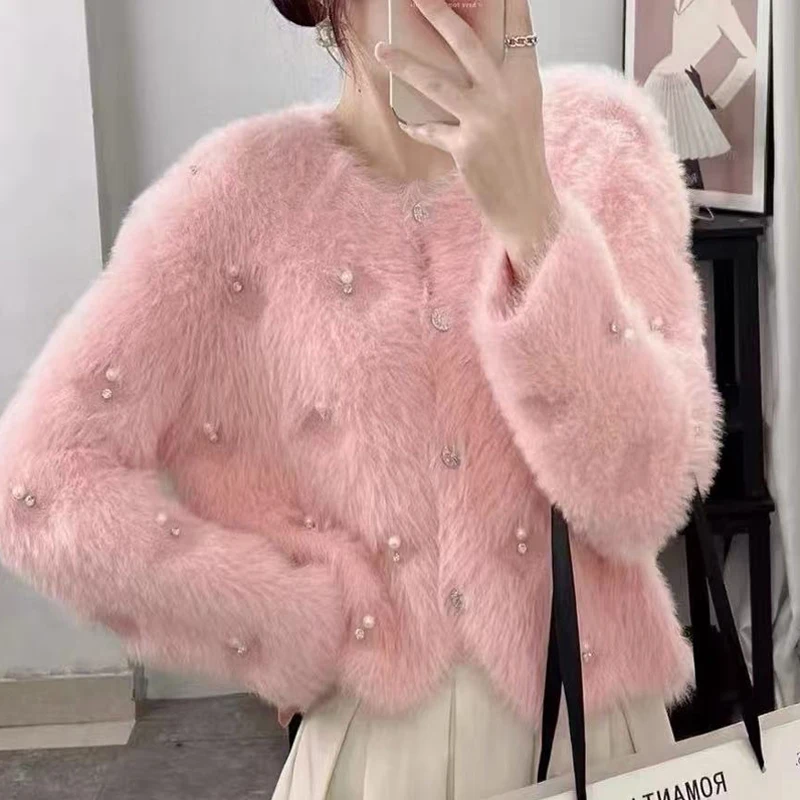Elegant Korean Fashion Cardigan Imitation Mink Velvet Sweater Women Autumn Winter Bead Short Coats New O Neck Sweet Loose Jacket