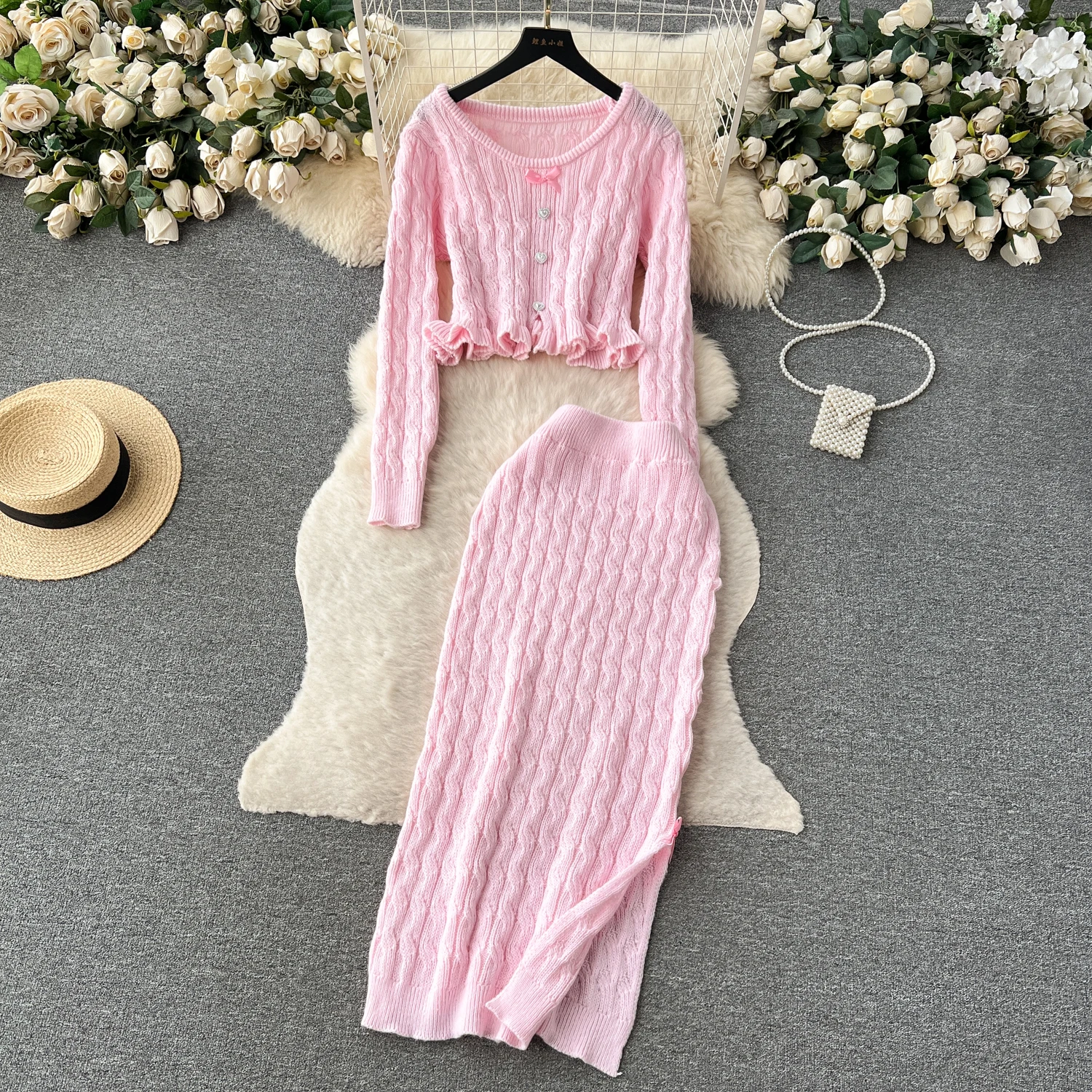 Junior Sets Youth Women Gentle Style Sweet Button Sweate  + Split Elastic Waist Midi Skirt Clothes Sets Female Knit Suits