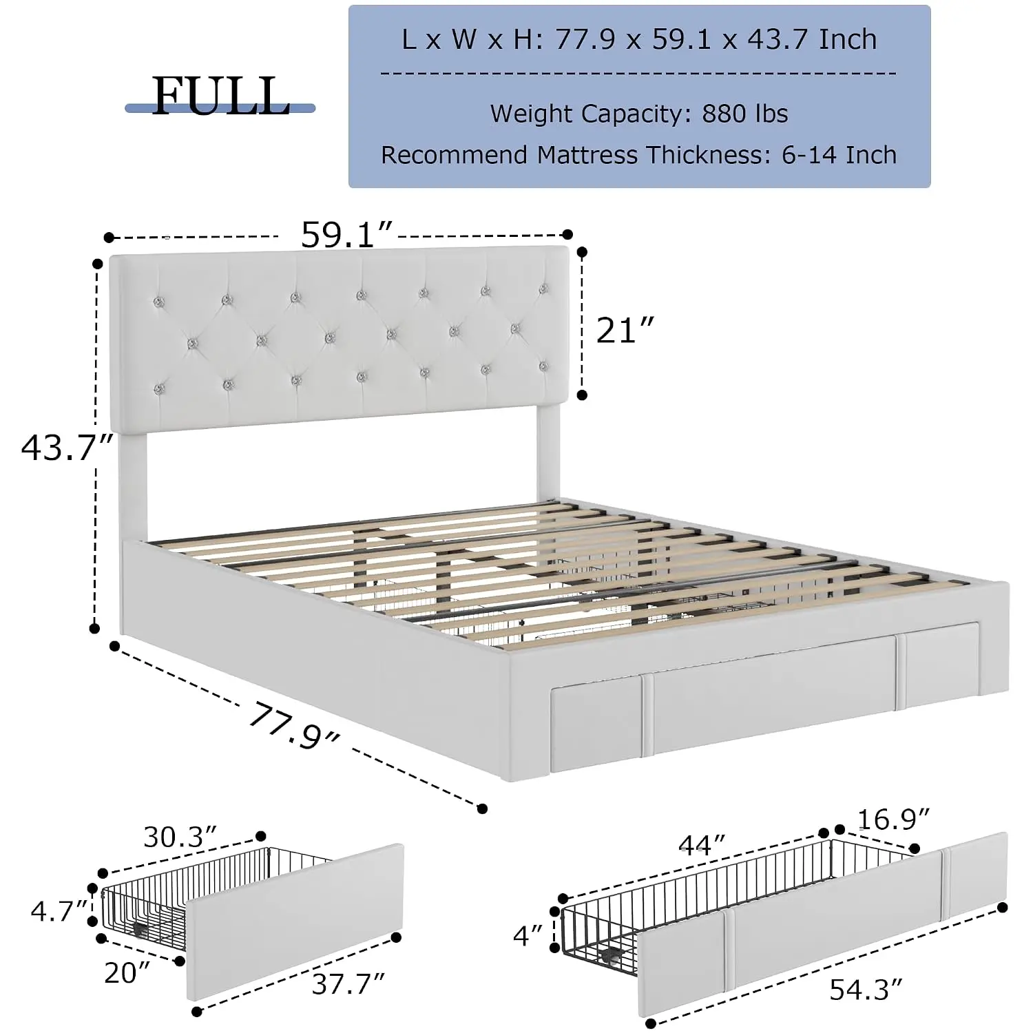 VECELO Twin Bed Frame with Storage Drawers, Leather Diamond Tufted Headboard, Wood Slat Support, No Box Spring Needed, White, Cu