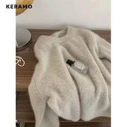 Women Autumn Winter Round Neck Solid Color Knitwear Sweaters Vintage Sweater Oversized Loose Long Sleeve Knitted Pullover Ladies