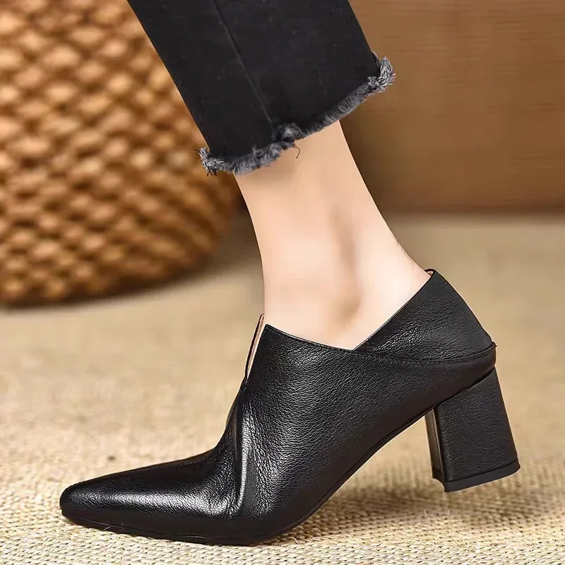 Comfortable Black Soft Leather 5.5cm High Heels Pointed Toe Chunky Heel Women's Shoes Versatile Deep Mouth Single Shoes