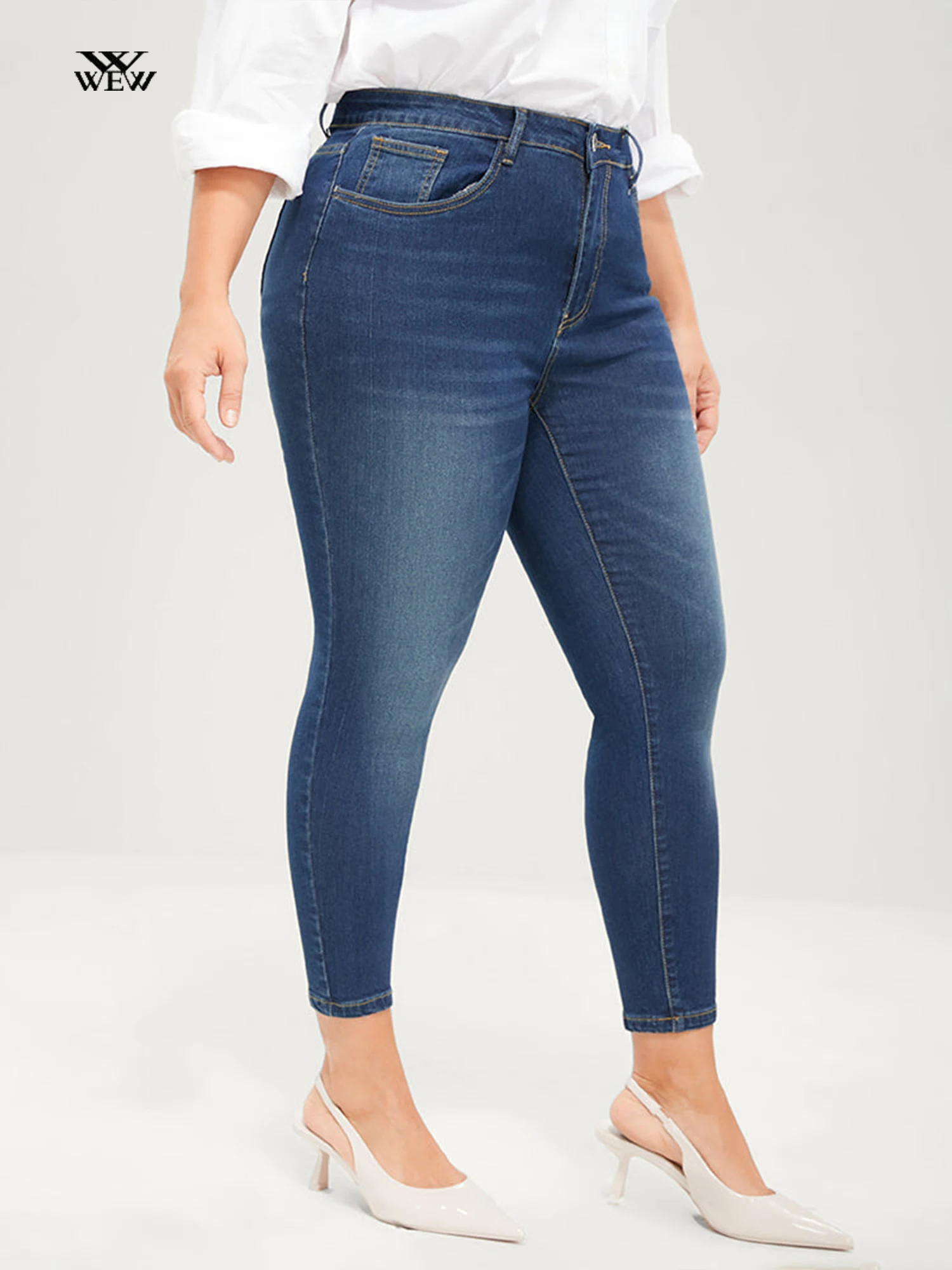 Plus Size Pencil Jeans for Women 100 Kgs Full Length Skinny Denim Pants High Waist Stretchy Washed Women Jeans Dark Blue Jeans