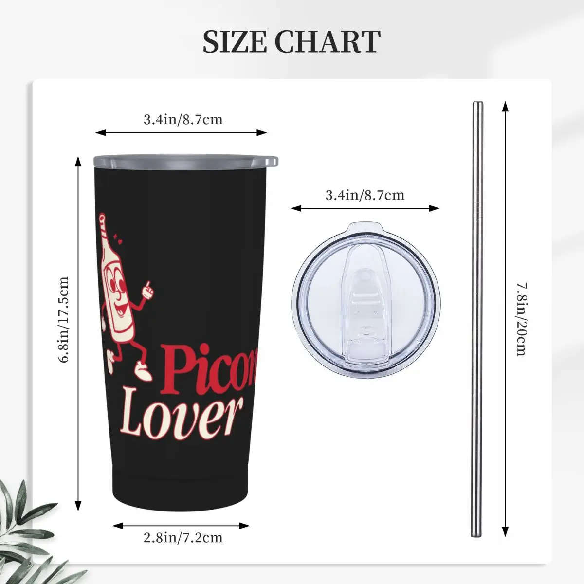 Picon Lover Stainless Steel Tumbler Vacuum Insulated Mugs Thermal Cold Bottle Straw With Lid 20oz