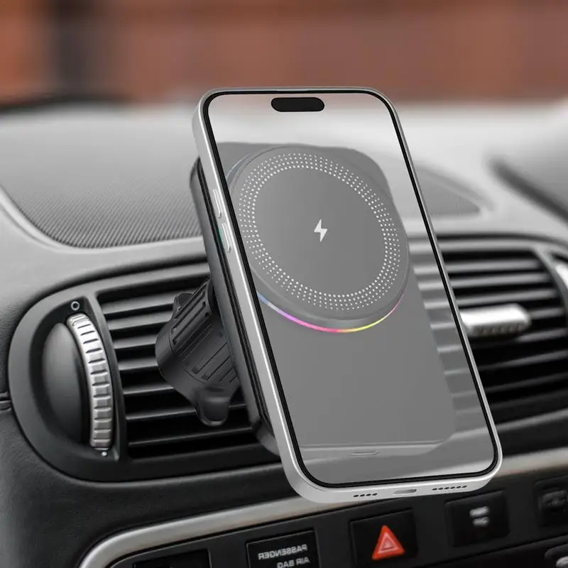 Portable Magnetic Wireless Charger Vehicle Phone Charger Holder With Colored Light Rotatable Phone Stand In The Vehicle