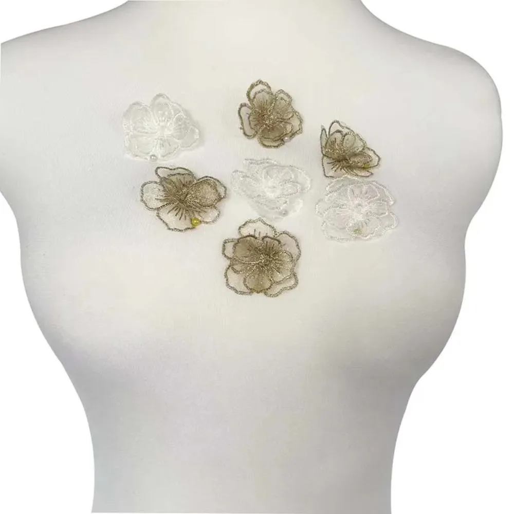 10PCS 4CM Organza Fabric Floral Appliques 3D Embroidered Chiffon Clothes Rose Translucent White Gold