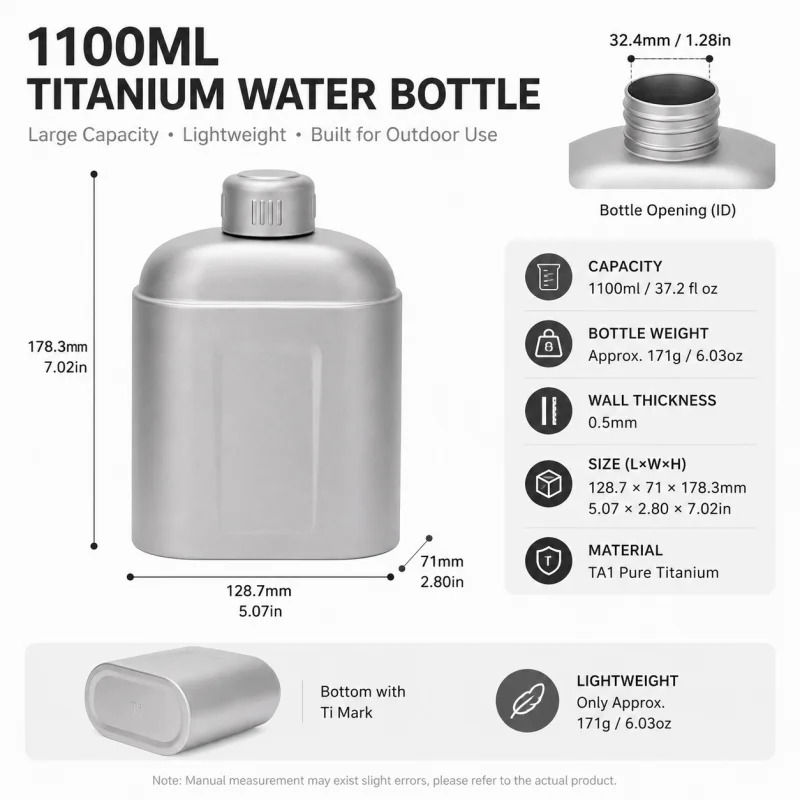 1100ml Pure Titanium Water Bottle, Ultralight Camping Canteen with Carry Sleeve, Leak-Resistant Cap for Hiking Travel