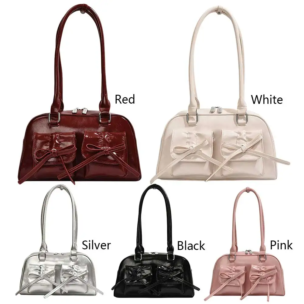 

Women Fashion Shoulder Bag Double Pockets PU Leather Stylish Underarm Bag with Bow Daily Commuting Bag Solid Color Chic Hobo Bag