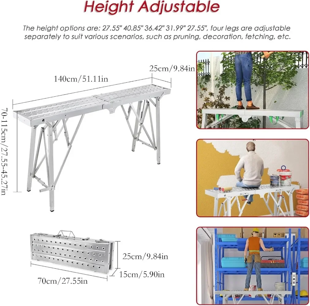 Portable Scaffolding, Adjustable Folding Work Platform, Heavy Duty Galvanized Scaffold(Color: Metallic, Size: 140x25cm)