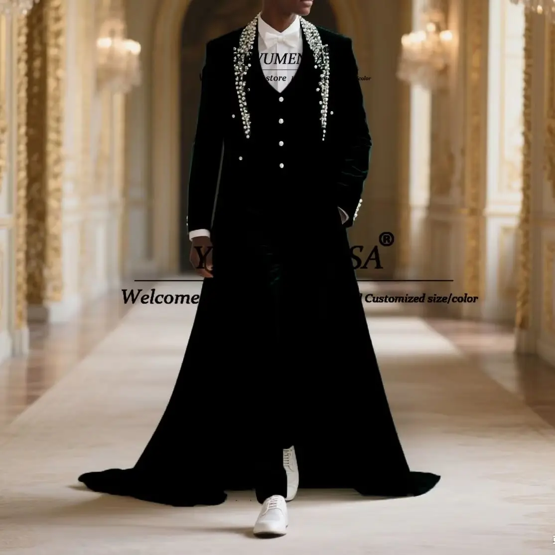 

Luxury Crystals Beaded Man Suits For Wedding Customized Navy Velvet Prom Tuxedos With Long Tail 3 Pieces Men Banquet Party Dress