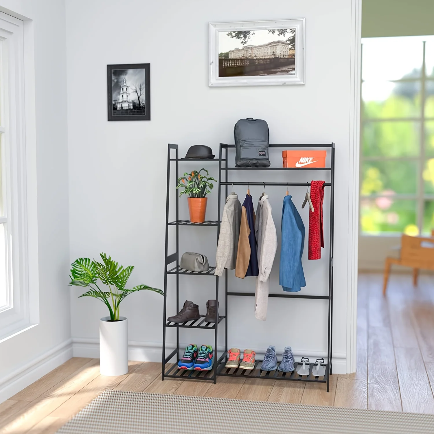 

Clothes Rack With Shelves, Freestanding Closet Organizer For Livingroom Bedroom Kitchen Bathroom Entryway Office Stora