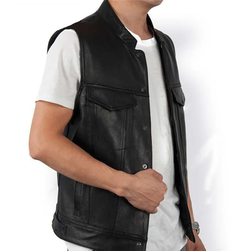 Men's Fashion Casual Leather Waistcoat Trendy Leather Suit Vest Men's Single-Breasted Cardigan Pocket Stand Collar Coat Men