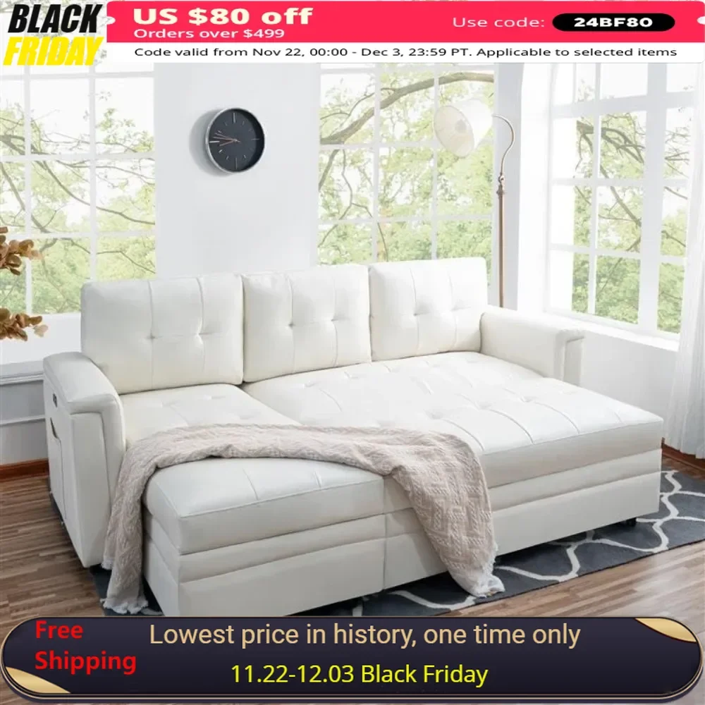 Modular sofa bed with USB port - L-shaped sofa convertible pull-out bed, plenty of storage space, sturdy construction