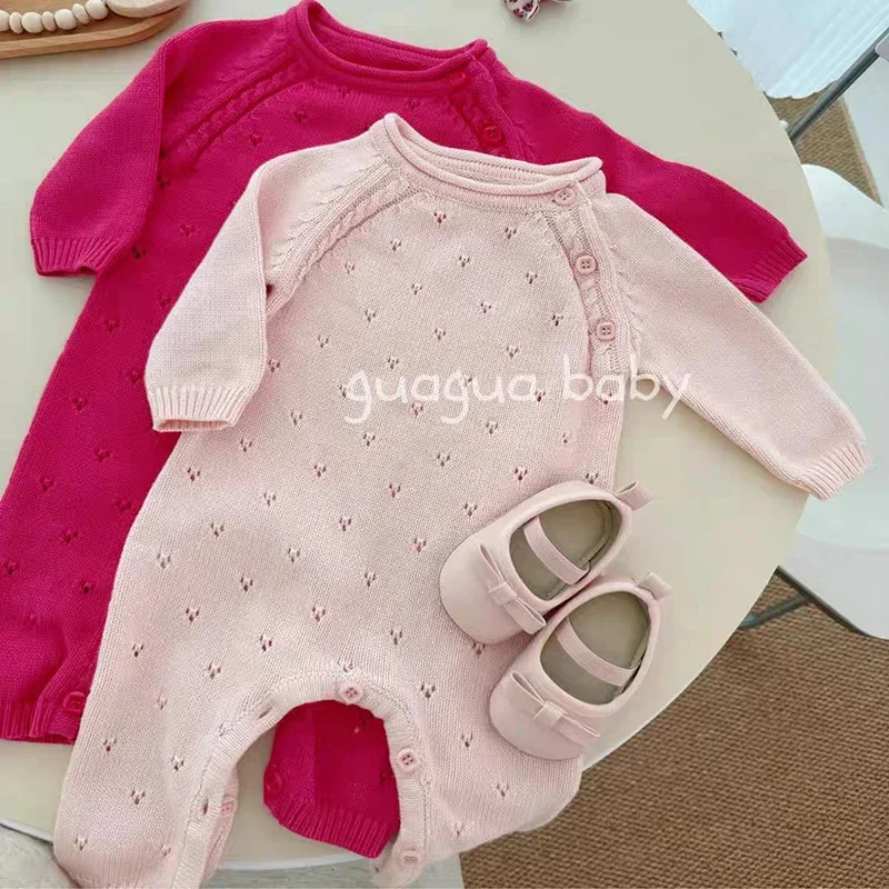 

0-24M Baby Girls Knitted Jumpsuit Knitted Hollow Clothes Pink Princess Fashion Round Neck Button Casual Baby Girls Knit Jumpsuit