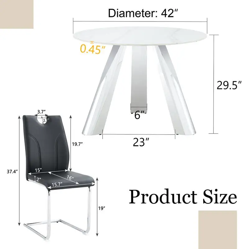 طاولة طعام مستديرة من الفولاذ المقاوم للصدأ مقاس 42 بوصة مع 6 كراسي سوداء فريدة من نوعها وأرجل فضية - سطح حجري متكلس، مثالية للحديث