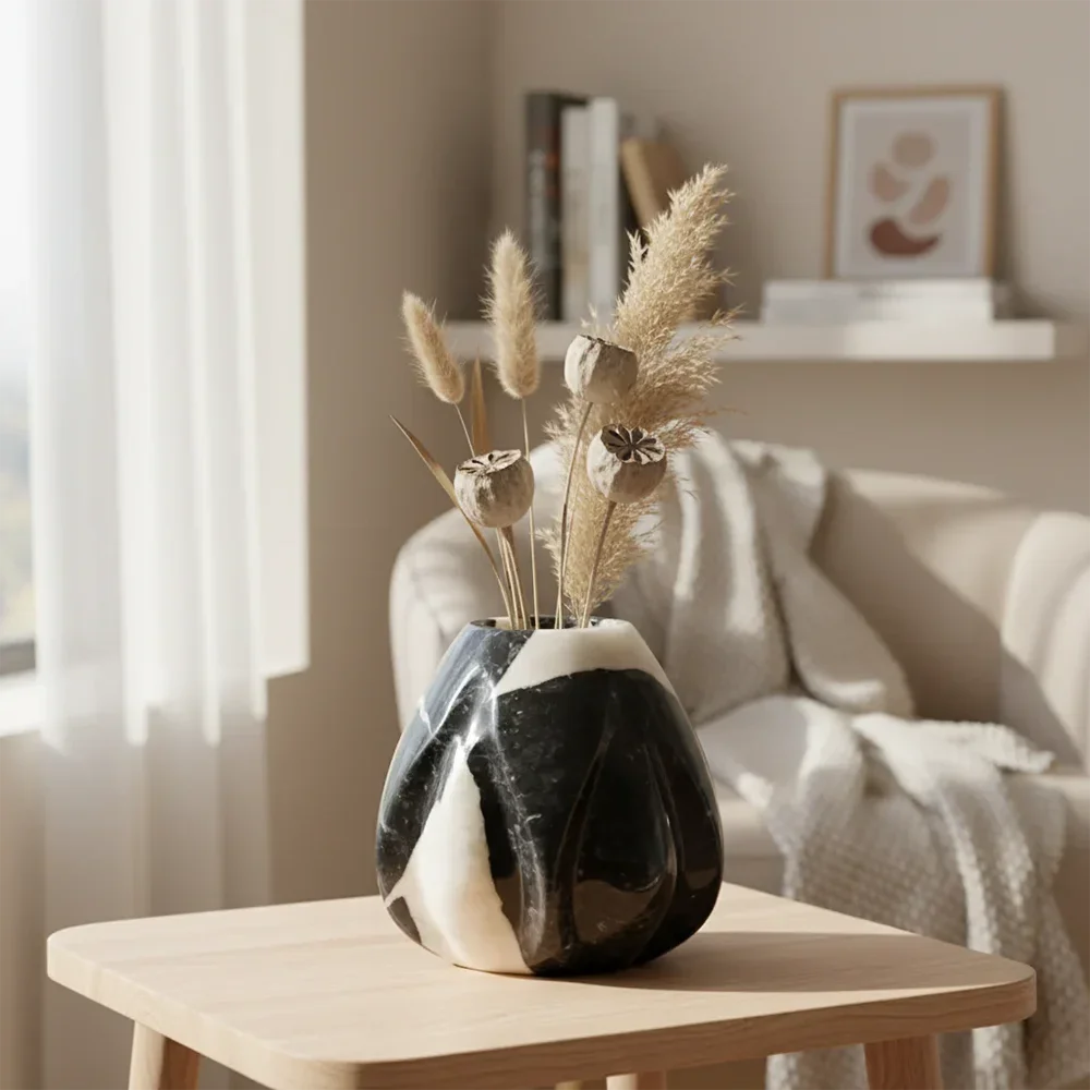 【Natural】Calyx Marble Vase  Modern Solid Stone Flower Vase for Table Shelf Living Room Home Decoration