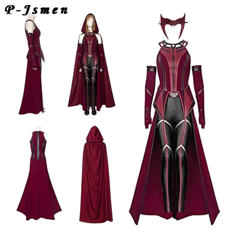 P-jsmen weibliche wanda maximoff cosplay kostüm scharlachrote hexe kopf bedeckung umhang und hose komplettes set outfit halloween accessoires requisiten