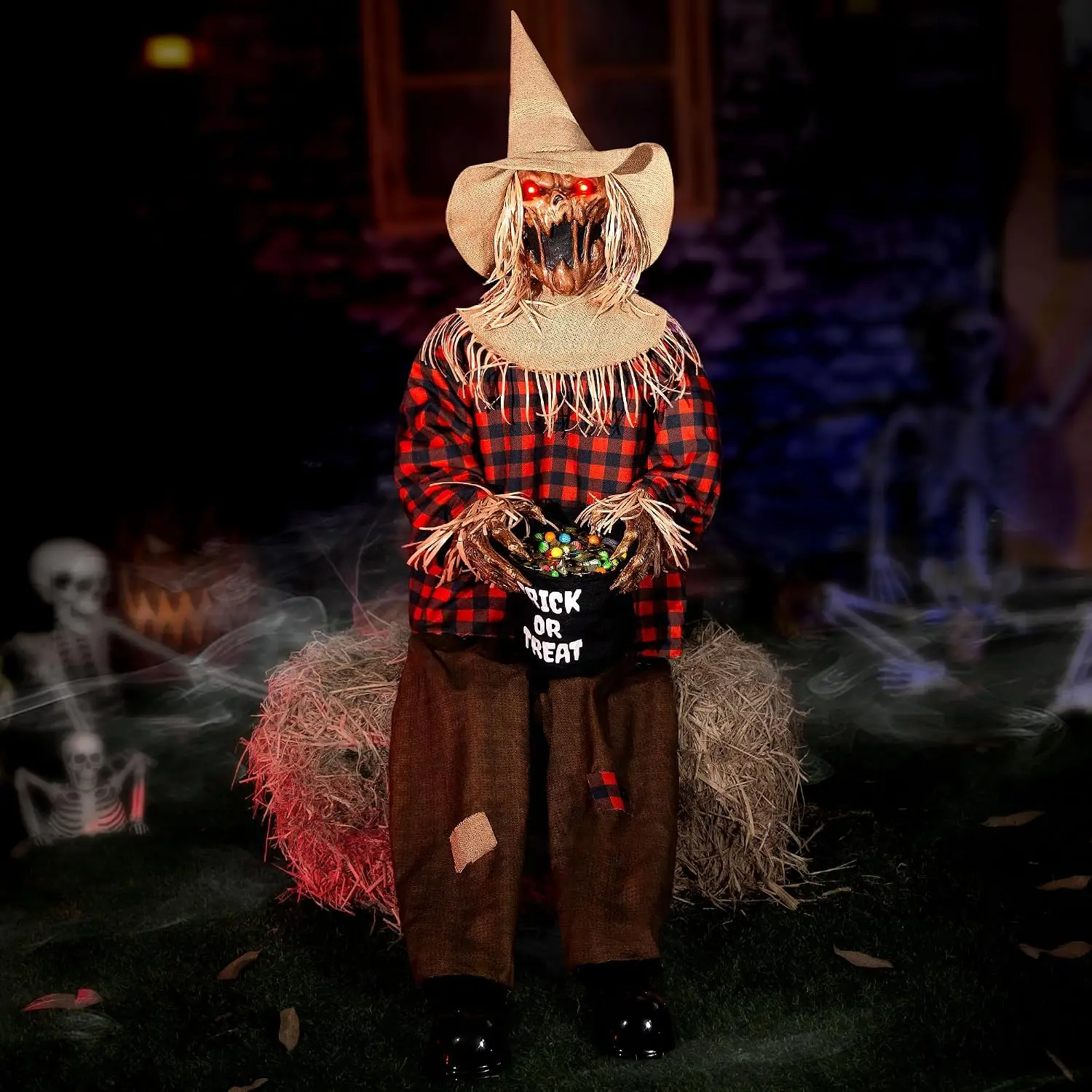 Halloween Animatronics Decorations Scary Sitting Scarecrow Candy Bag 55 Inch Animated Jumpscare Halloween Props Sound Motion Act