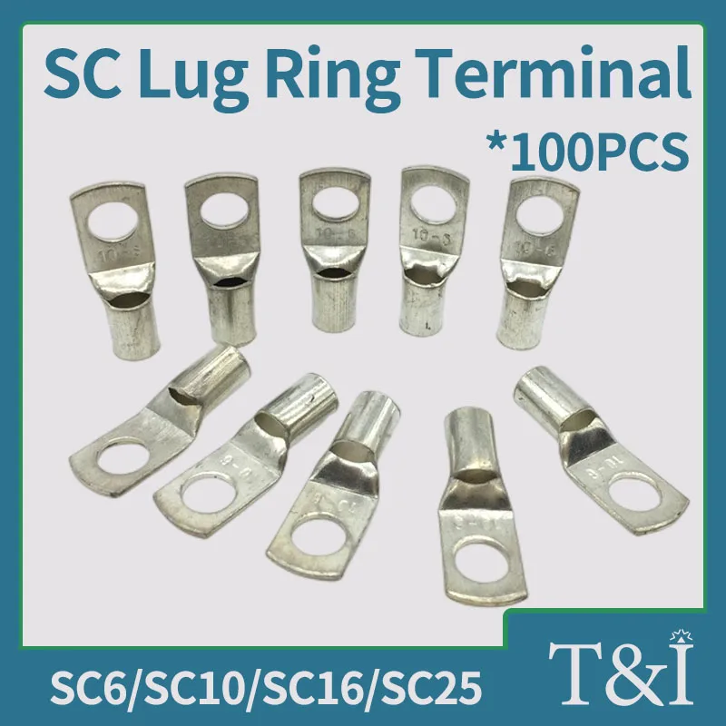 

100pcs SC Lug Ring Terminal SC6-5/6/8 SC10-6/8/10 SC16-6/8/10/12 SC25-6/8/10/12 Copper Wire Connector Peephole Electric Crimp