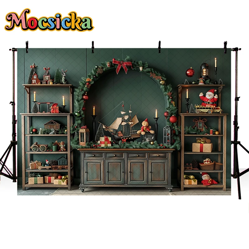 Mocsicka Photography Background Christmas Vintage Wooden Wall Window Xmas Tree Kids Family Portrait Decor Backdrop Photo Studio