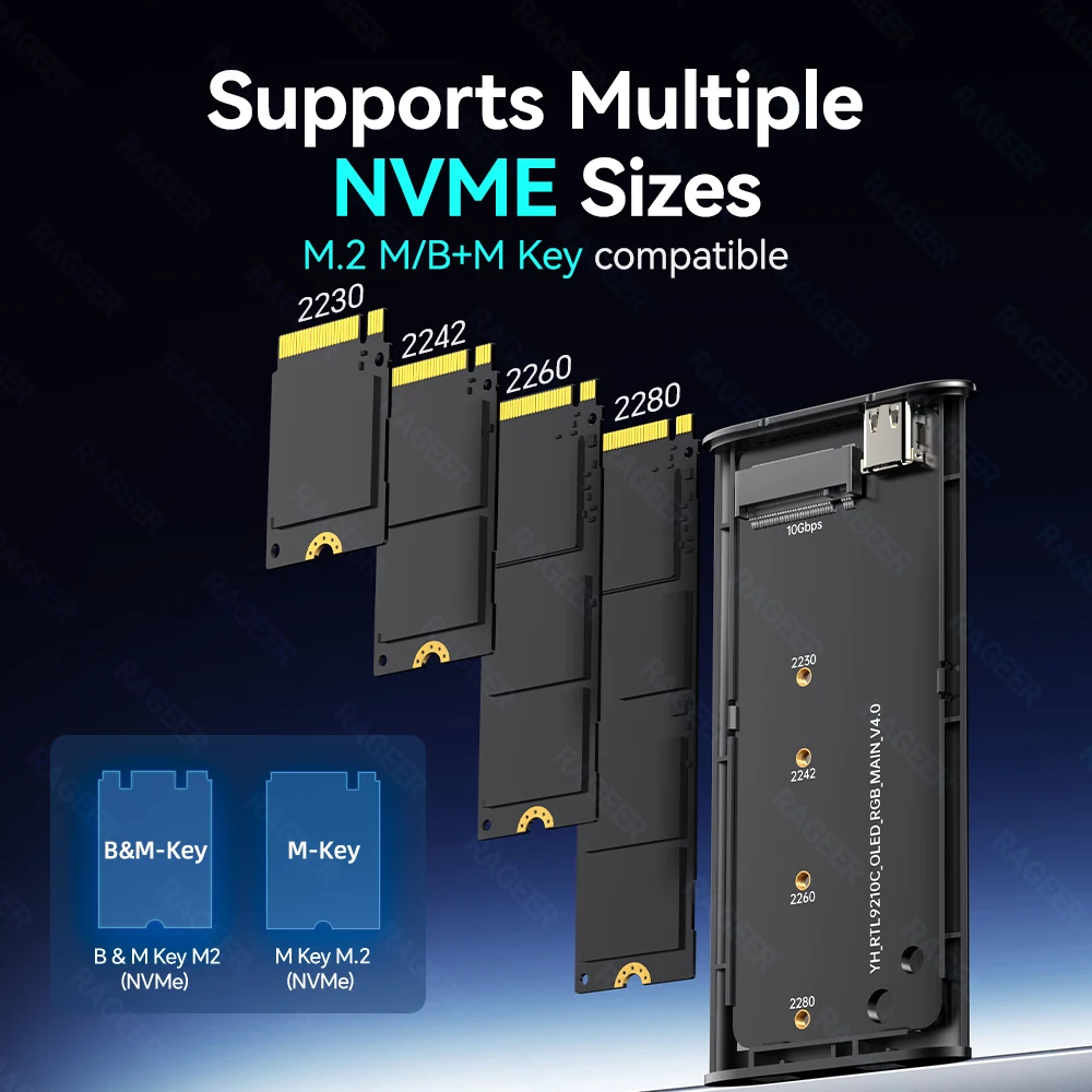 RAGEER RGB M.2 NVMe SSD Enclosure, USB 3.2 10Gbps Adapter Aluminum Alloy Mobile Solid State Disk Case Support 4TB Capacity