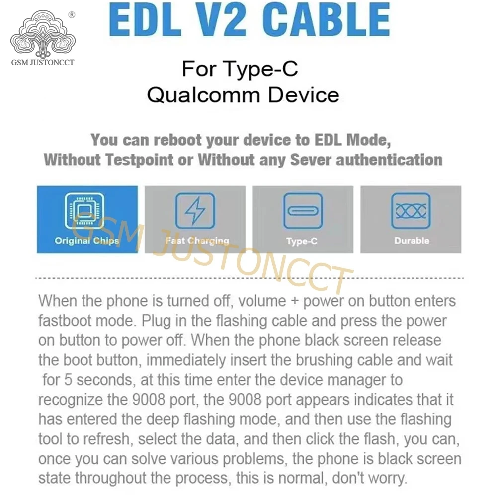 EDL V2 cable for Type C Qualcomm Device to EDL Mode 9008