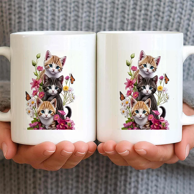 Cute Kittens With Flowers And Butterflies Ceramic Coffee Mug, 11oz 350ml Personalized Custom Mug, Colorful Print Mug, Microwave