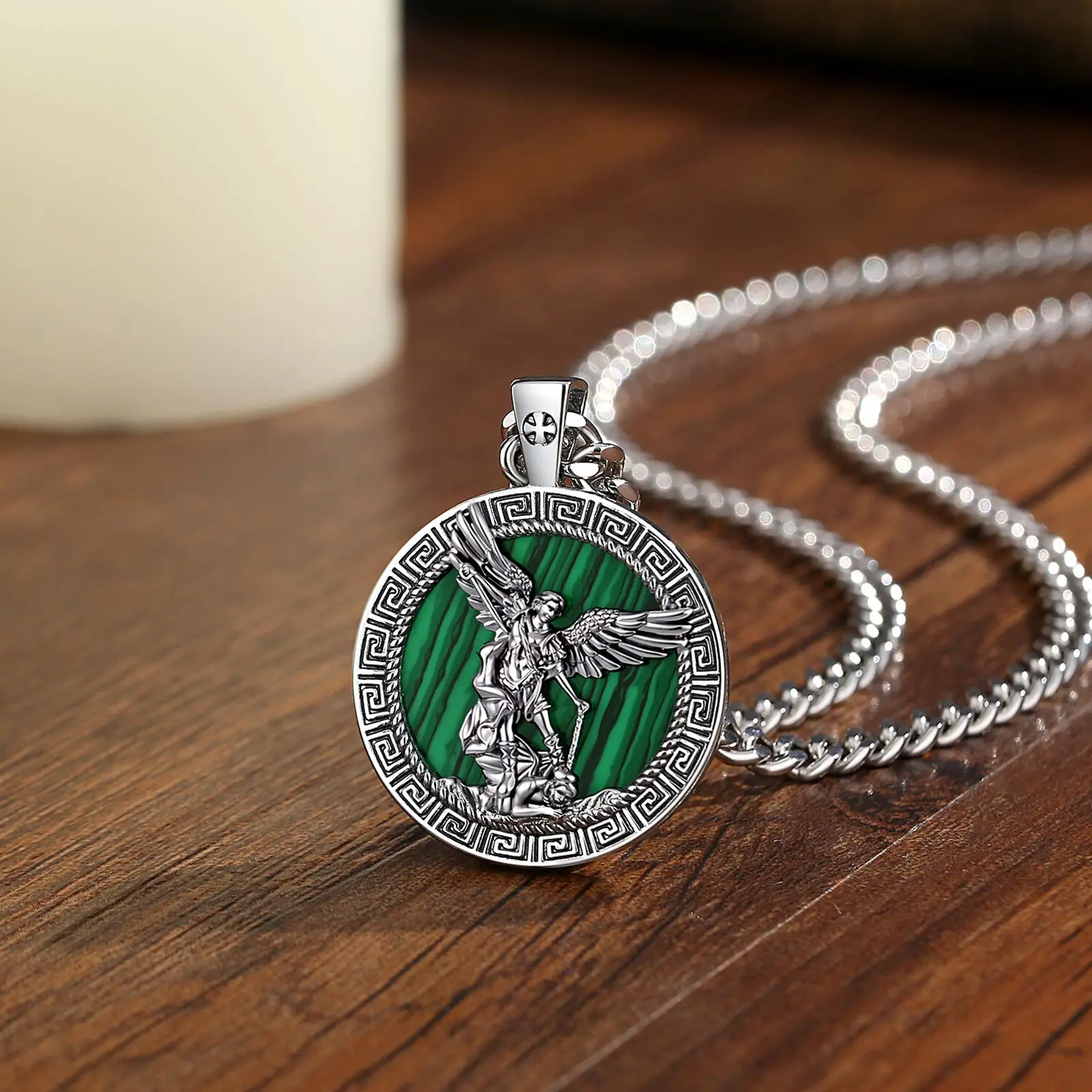 Eudora Copper Malachite Saint Michael Necklace Archangel Medal Pendant Christian Amulet Religious Jewelry Gift for Men Woman view 4
