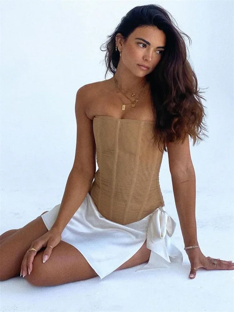 

Mesh Backless Summer Vest Female Elegant Luxury Patchwork Strapless Solid Slim Streetwear Inner Sexy Y2k Tank Top Women's