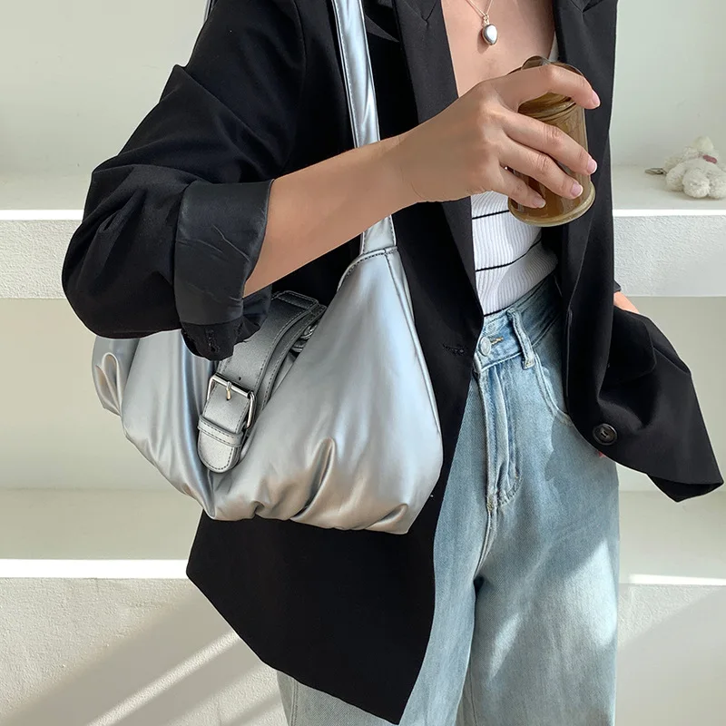 2025 Korean Style Buckle Foldable Space Cotton Shoulder Bag Women New Fashion Pleated Soft Handbag High-end Underarm Bags Wallet
