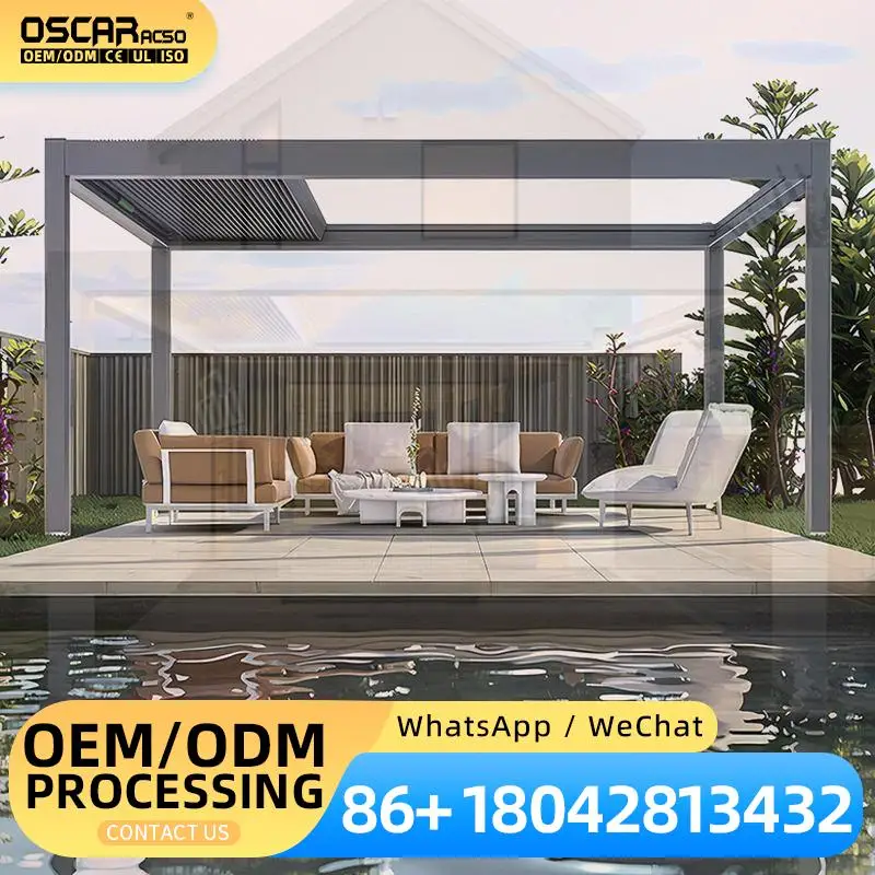 Pérgola Moderna de Aluminio con Techo de Vidrio, Gazebo Impermeable con Techo Metálico para Jardín Exterior, 3x3, 3x4, 6x3