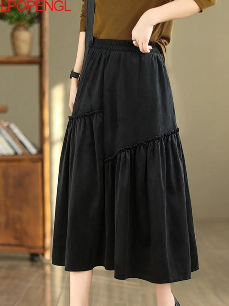 2023 Fashion Woman's Autumn New Literary Vintage Patchwork Solid Color Irregular Loose Casual Temperament A-line Mid-calf Skirt