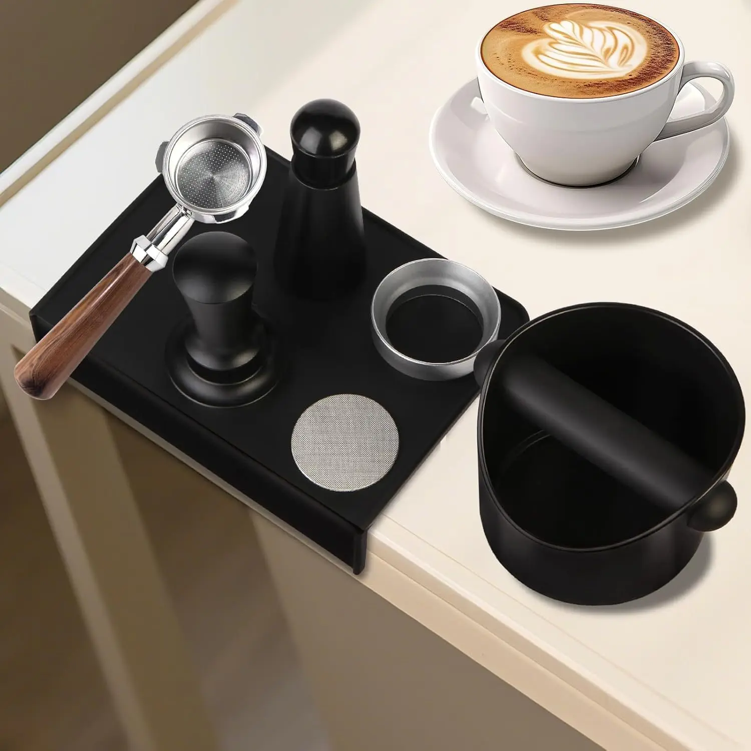 Espresso Accessories Kit, Spring Loaded Calibrated Tamper Tool Coffee Stirrer Needle Dosing Ring Tamper Mat Coffee Knock Box