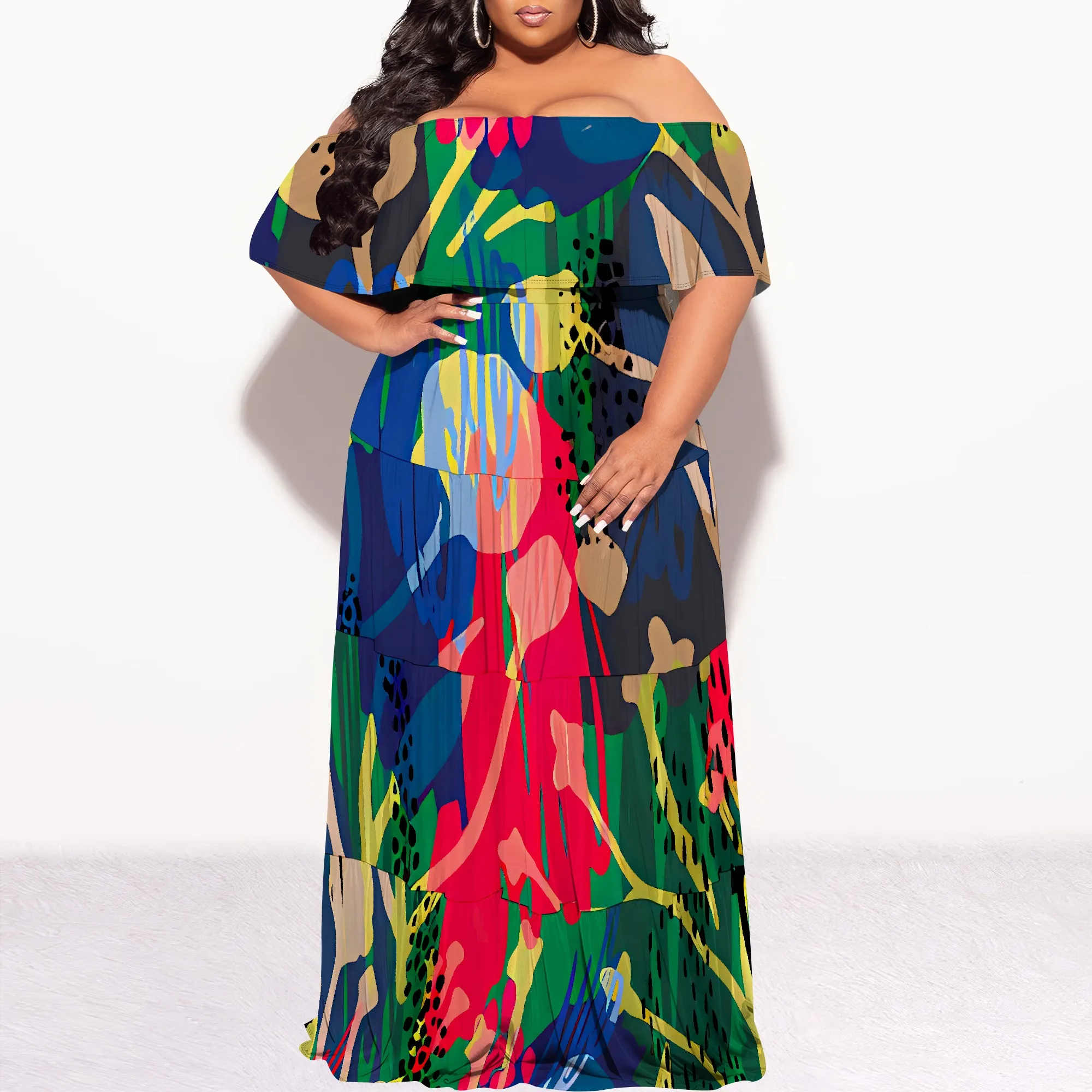 

Plus Size Off Shoulder Maxi Dress Colorful Abstract Paint Print Trendy Resort Summer Look