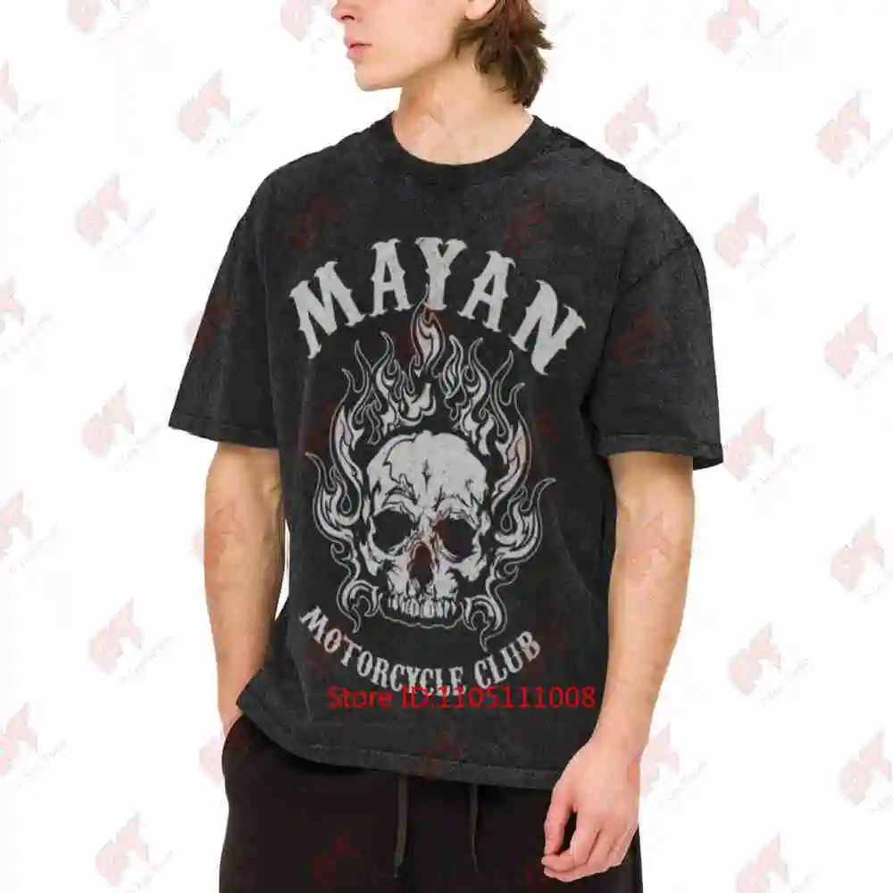 Mayan Motorcycle Club Distressed Flaming Skull Vintage Washed Tee Pure Cotton T-Shirt