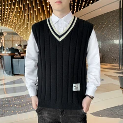 Korean Chic V-neck Sleeveless Vest Comfortable Warm Faux Alpaca Men's Sweater Stylish High-quality Striped Neckline Chunky Knit