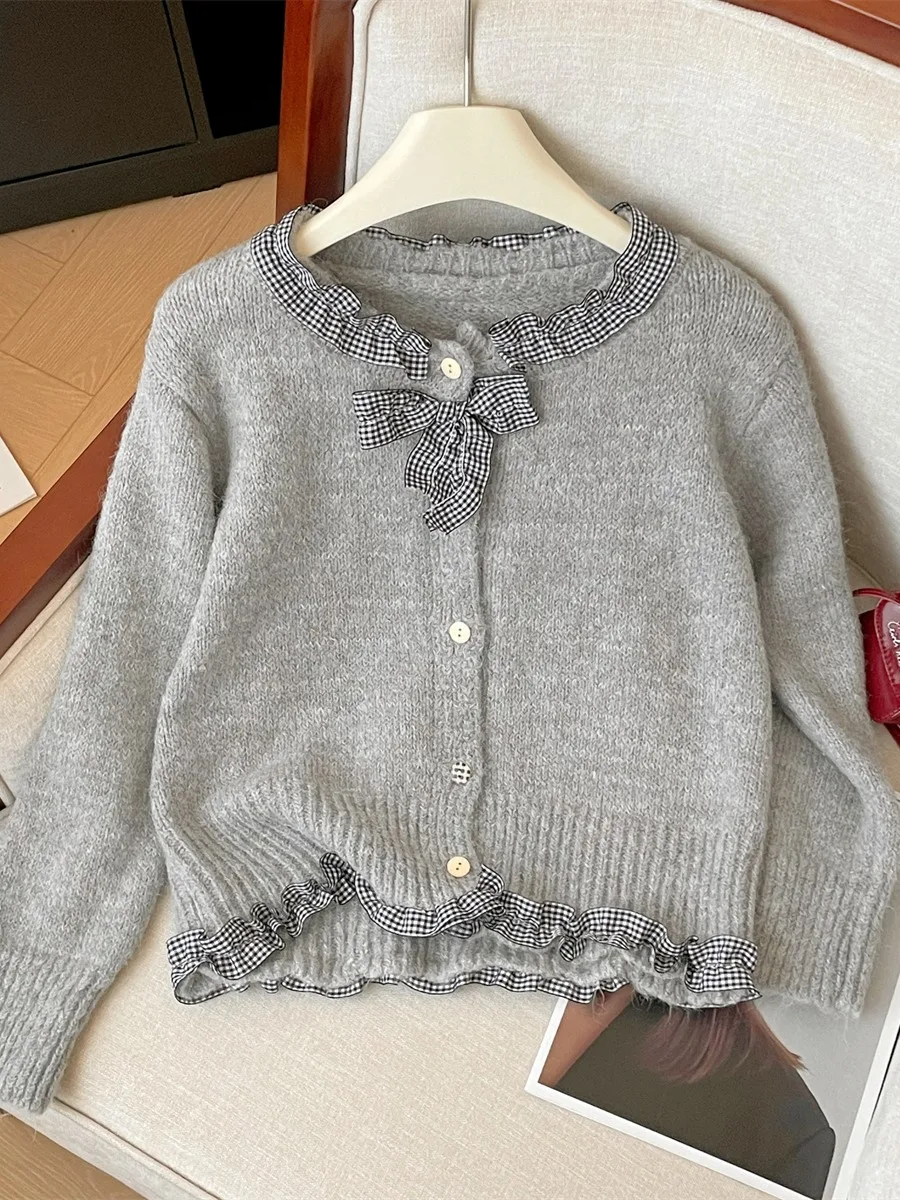 Cardigan amincissant à col rond avec nœud à carreaux épissés pour femmes, pull à boutonnage simple, style coréen, printemps, automne, nouveau