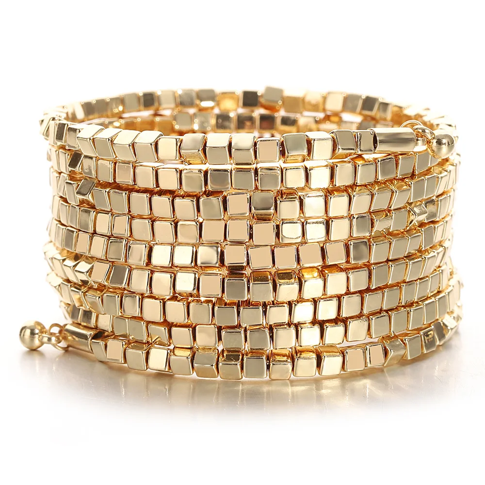 ALLYES Fashion Square Metal Beads Multilayer Wrap Bracelet for Women Men Punk Glossy Chain Wide Bracelet Statement Jewelry