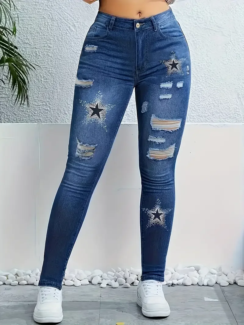 Star Pattern Printed Washed Hole Women\'s High Waisted Stretch Denim Skinny Trousers Fashionable Women\'s Denim Work Clothes