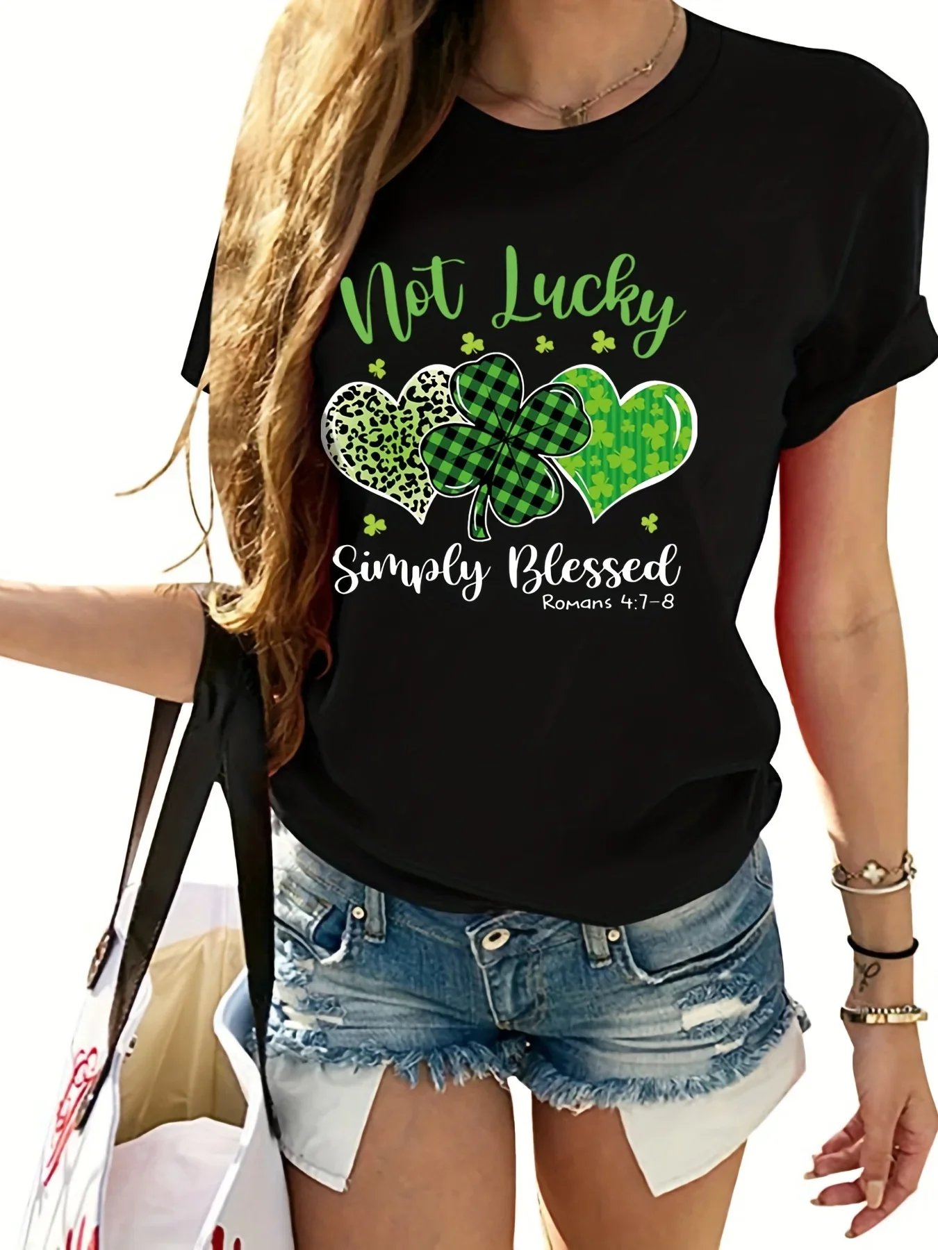 Patrick's Day Women's T-shirt Fourleaf Clover and Heart Print Casual  Sleeve Crew  Top Female Y2K Tops Clothes