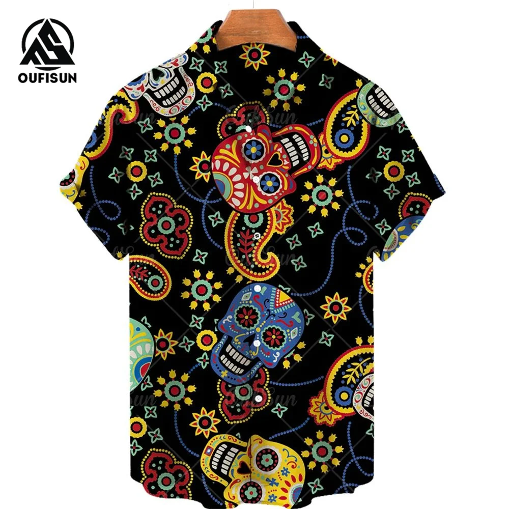 Summer Fashion Men\'s Short Sleeve Casual Printed Shirt Flowers Horror Skull Print Vacation Travel Oversized Top Size S-5XL