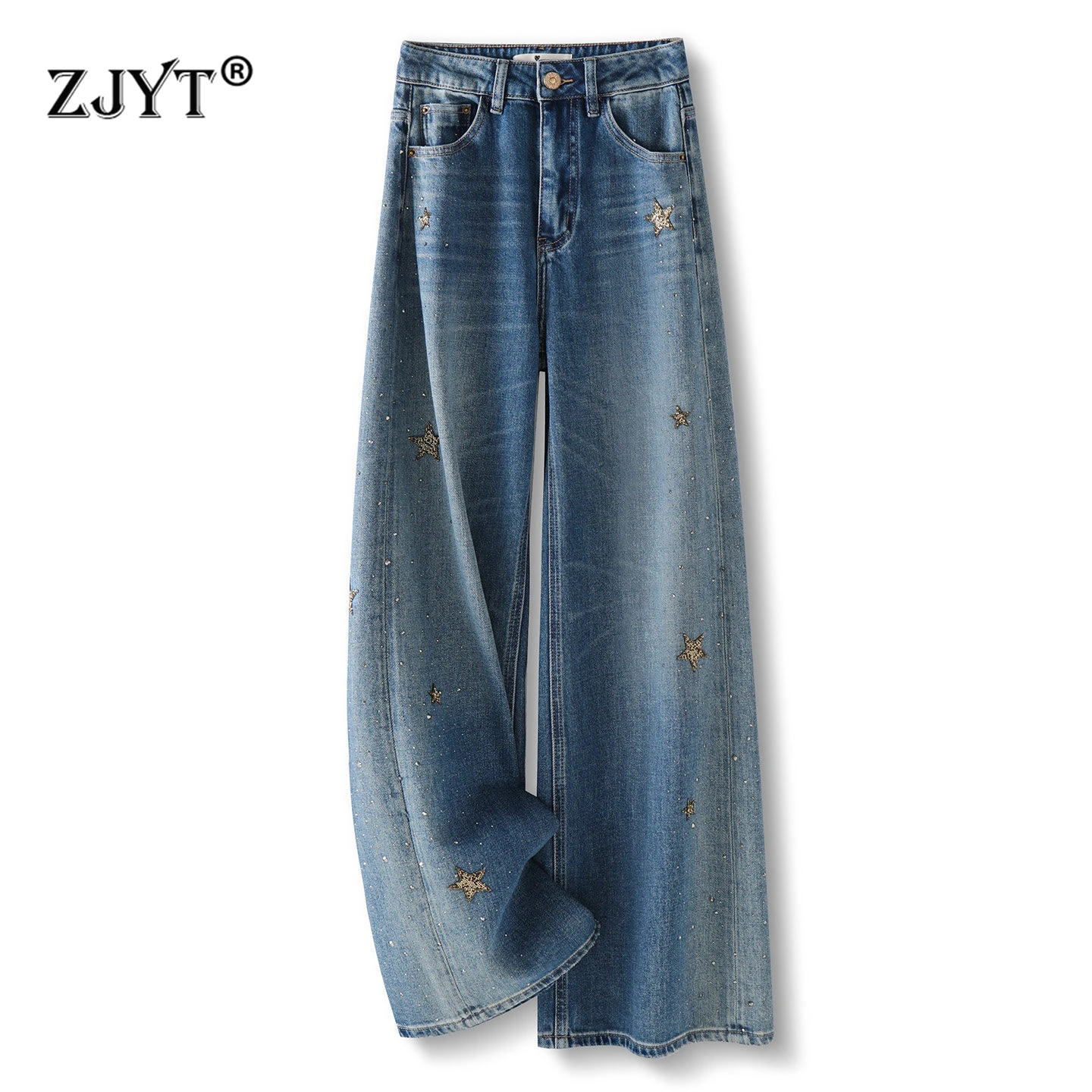 ZJYT Women Wide Leg Diamonds Jeans 2026 Street Style Fashion High Waist Casual Vintage Denim Pants Trousers Blue Bottoms Female