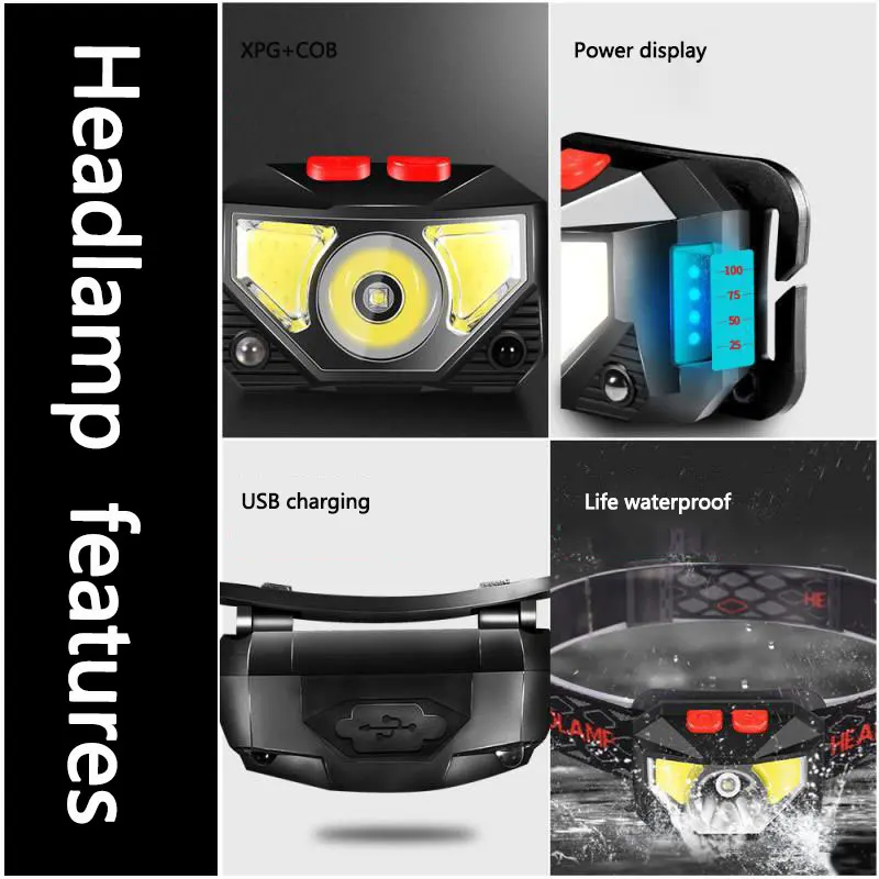 Powerfull LED Headlamp Built-in battery USB Rechargeable LED Headlight Body Motion Sensor Head Flashlight , red+white Light Lamp