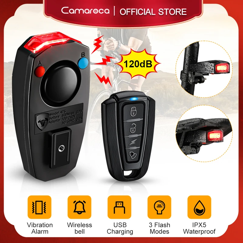 Camaroca Bicycle Burglar Alarm Taillight Smart Brake Sensing Wireless Waterproof Remote Control USB Charge Bike Rear Light Horn