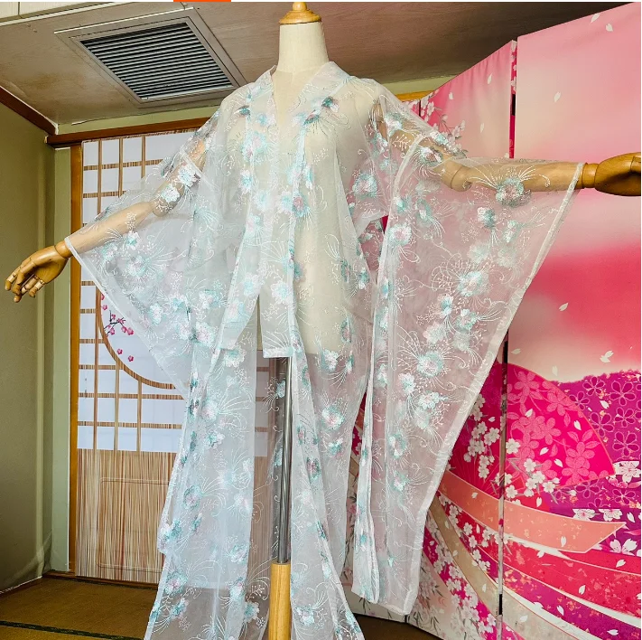 

Синее шифоновое кимоно в японском стиле с вышивкой, танцевальный костюм невесты Ханфу со шлейфом и большими рукавами