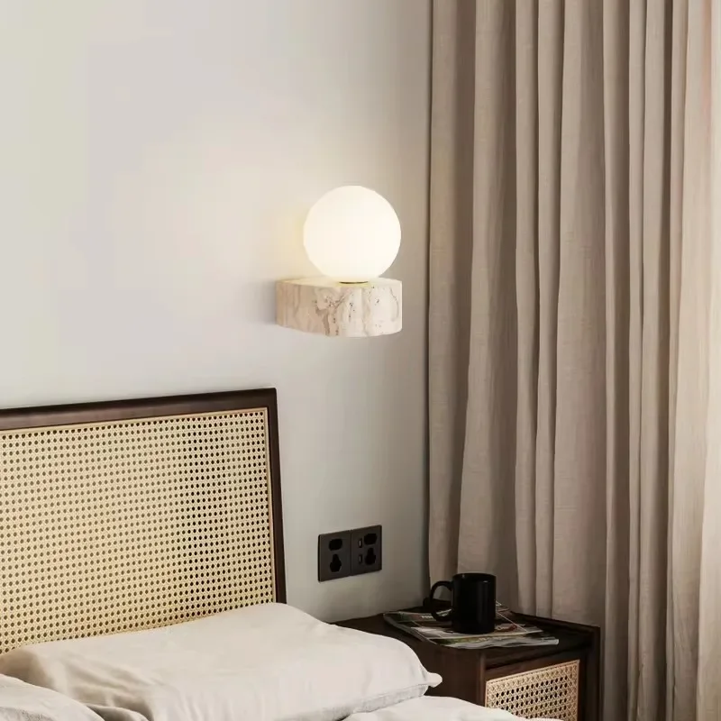 

Wabi-Sabi Travertine Wall Light Bedside Yellow Hole Stone Wall Lamp for Corridor Dining Room Bedroom Living Room Restaurant Home